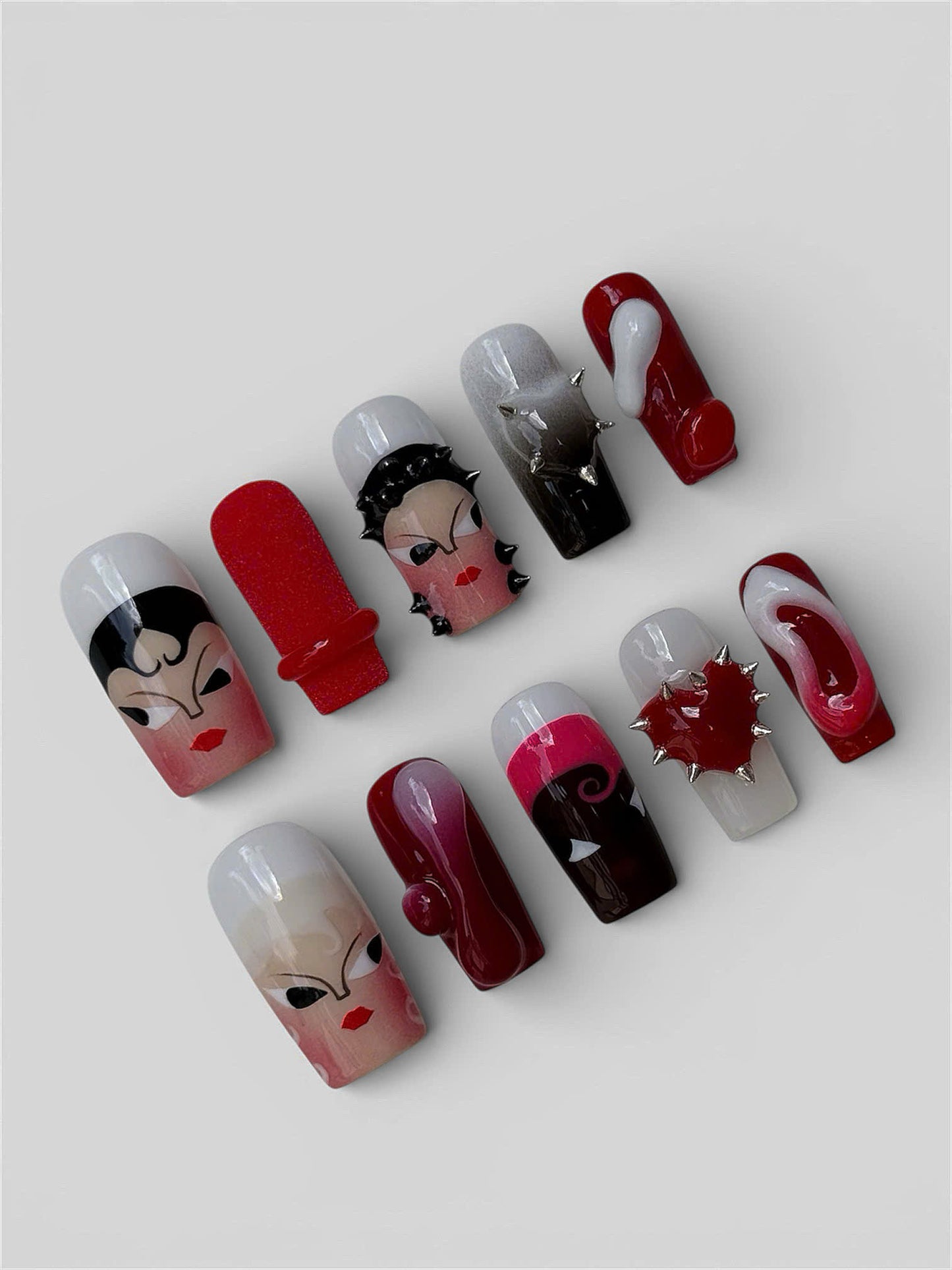 Avant Garde Red Black Press On Nails Sculptural Art Set