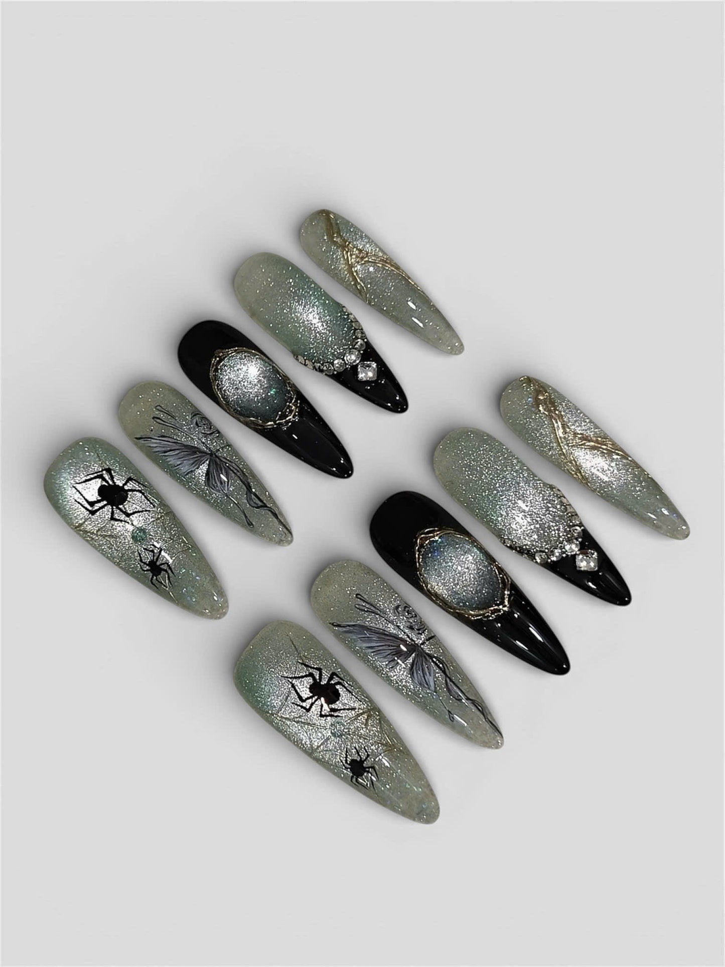 Gothic Black Silver Press On Nails Spider Butterfly Art Set