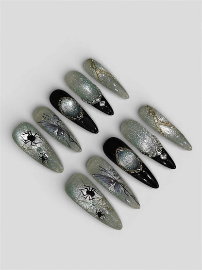 Gothic Black Silver Press On Nails Spider Butterfly Art Set