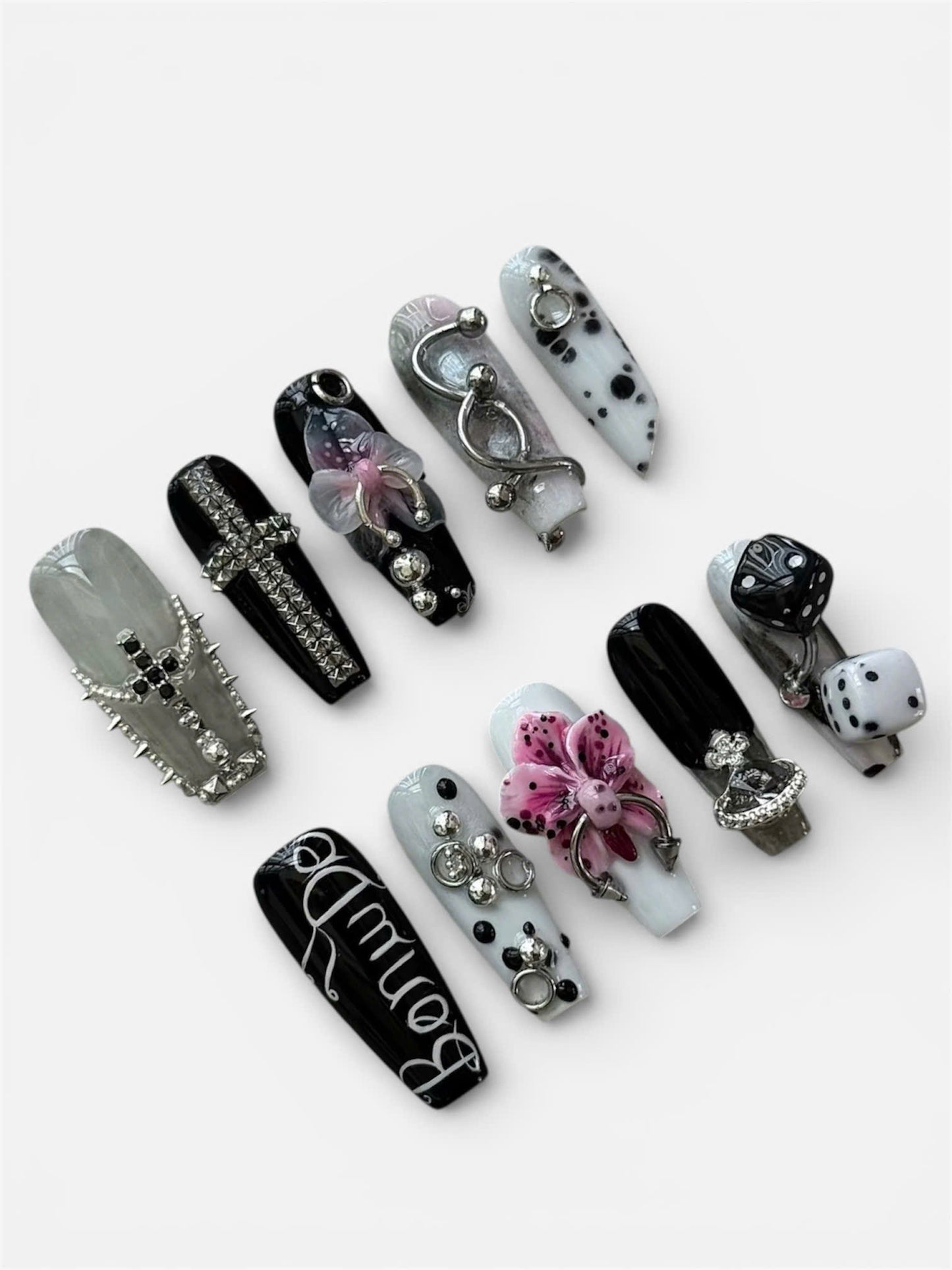 Dark Monochrome 3D Press On Nails Gothic Statement Art Set