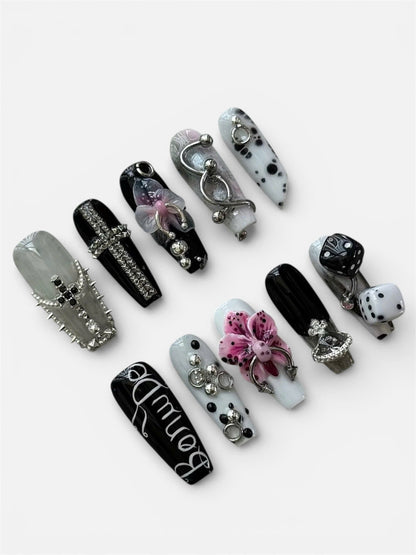Dark Monochrome 3D Press On Nails Gothic Statement Art Set