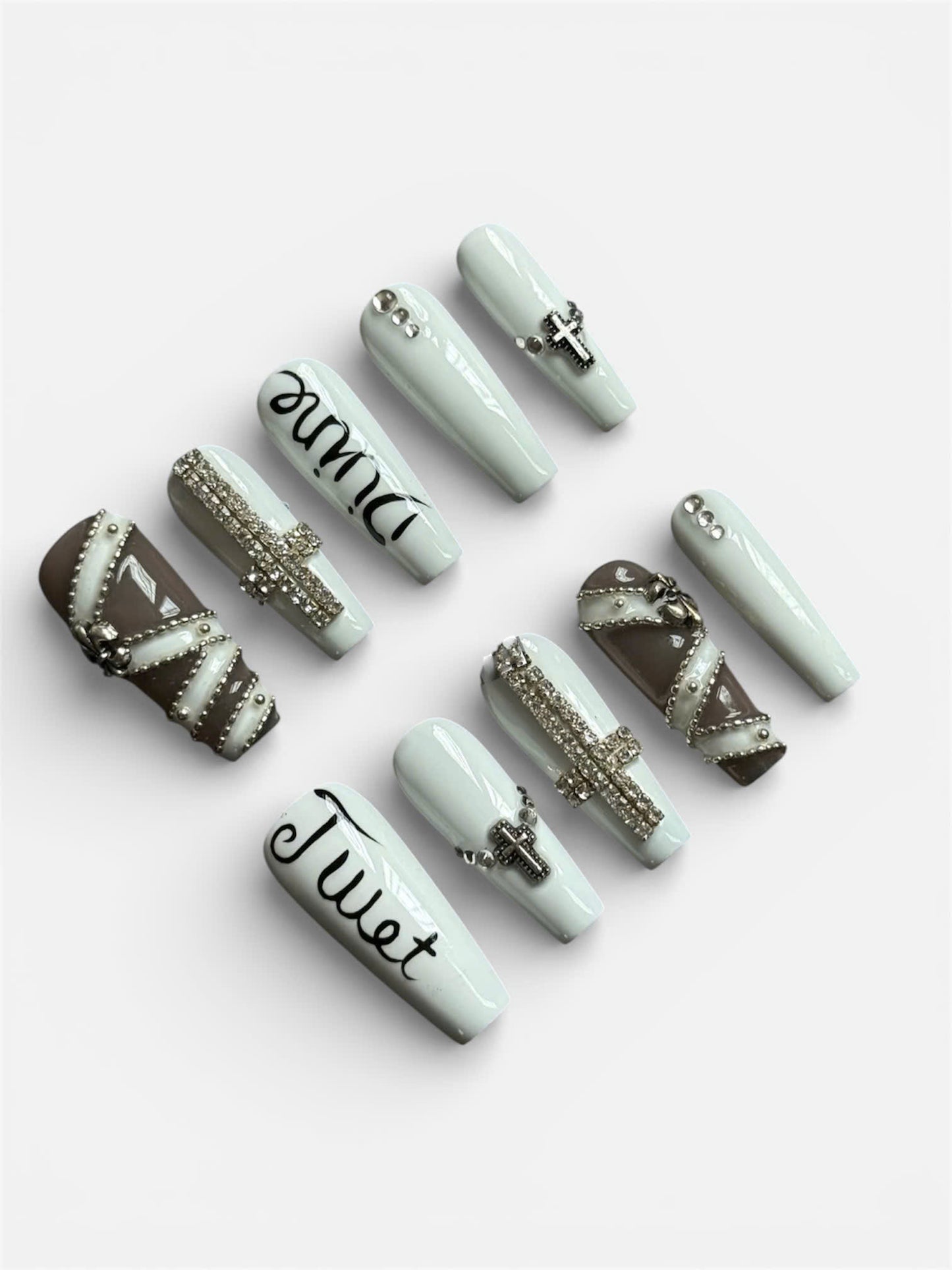 Gothic Cross Stud Press On Nails Black Grey Handmade Set