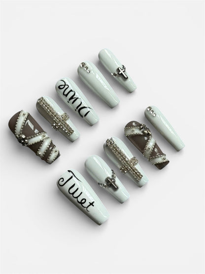 Gothic Cross Stud Press On Nails Black Grey Handmade Set