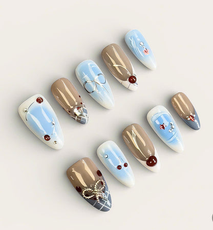 Soft Blue Beige Cherry Press On Nails Handmade Art Set
