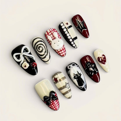 Red Black Cute Graphic Press On Nails Handmade Art Set