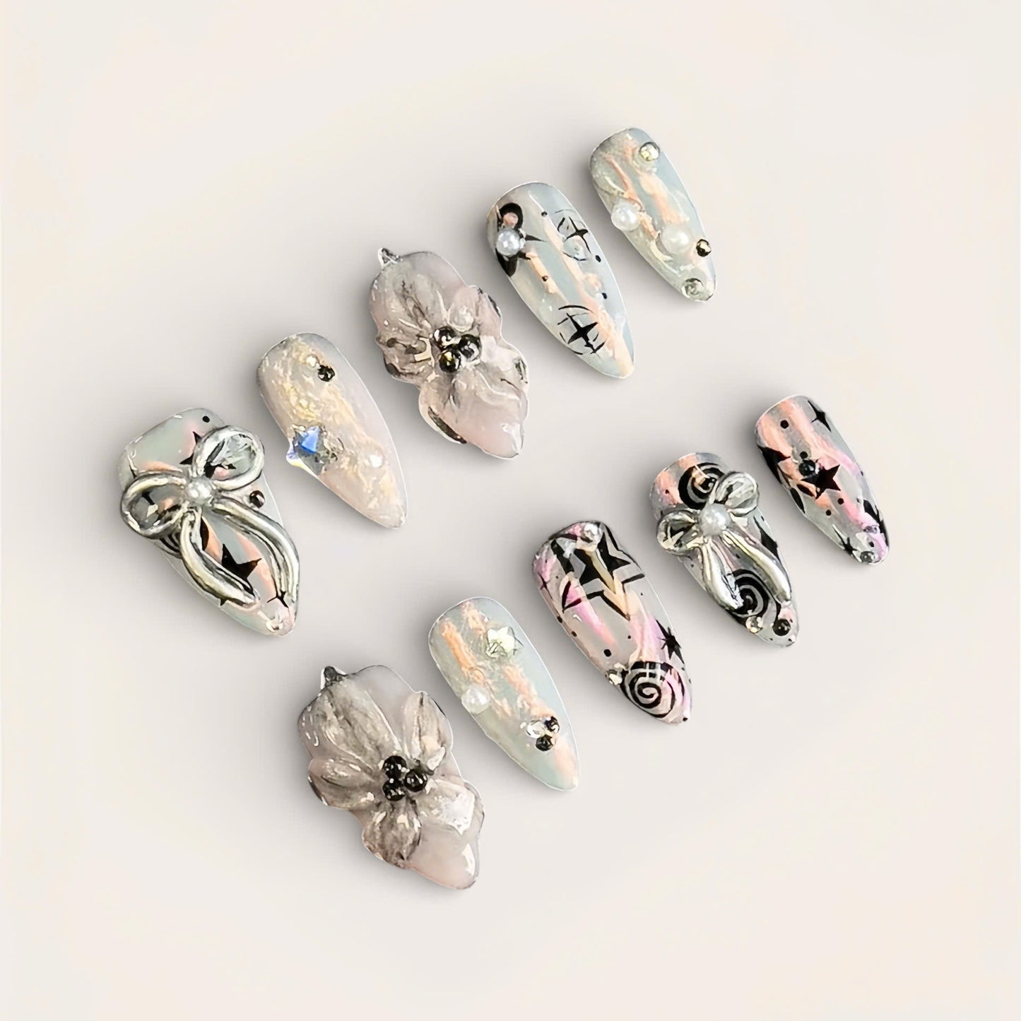 Ethereal Silver Bow Floral Press On Nails Handmade Art Set