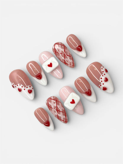 Pink Heart Envelope Press On Nails Handmade Romantic Art Set