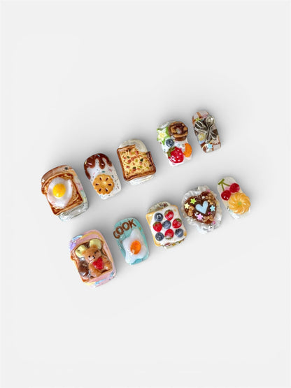 Cute Breakfast Dessert Press On Nails Handmade Food Art Set