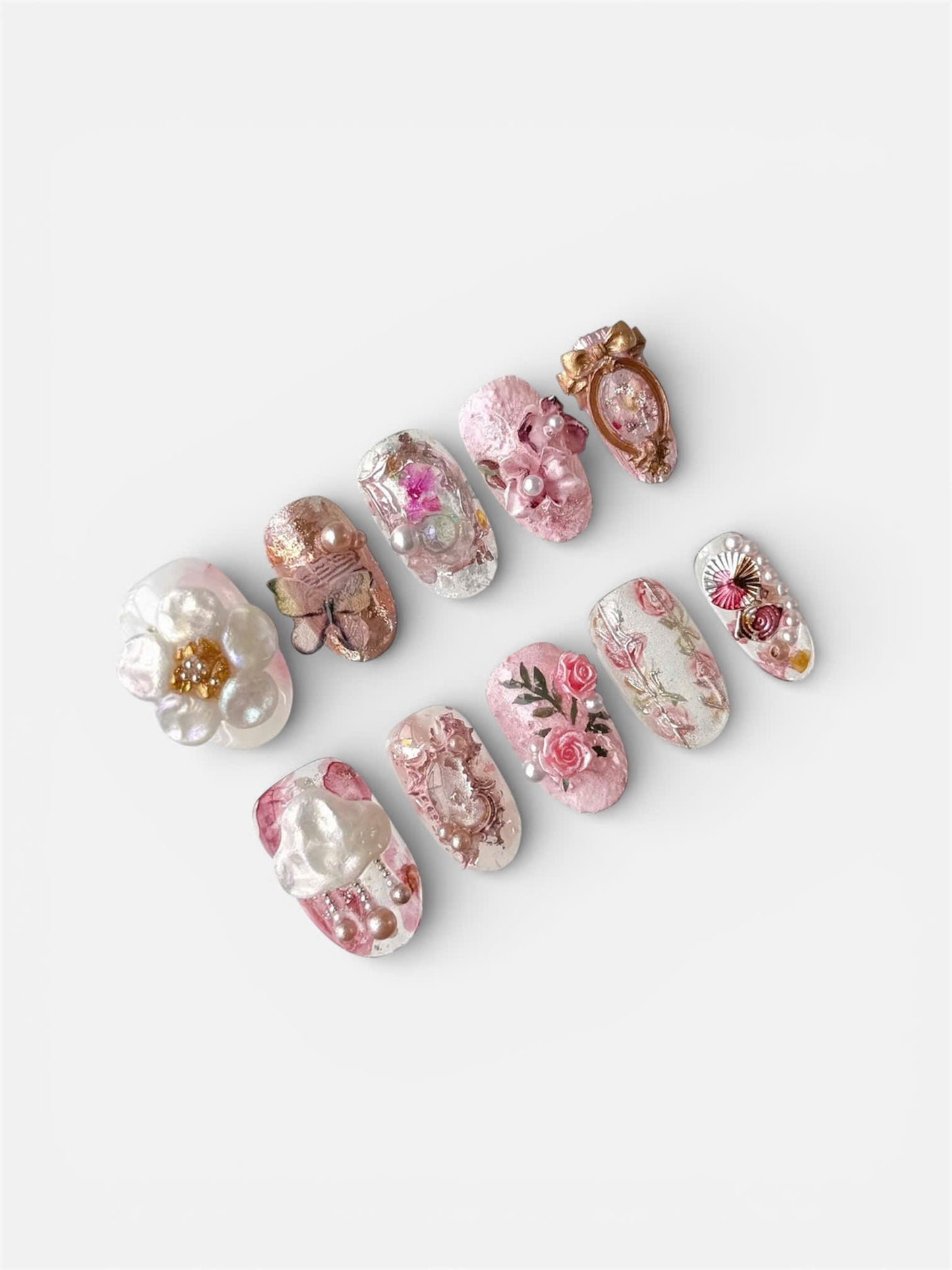 Pink Pearl Floral Press On Nails Romantic 3D Luxury Set