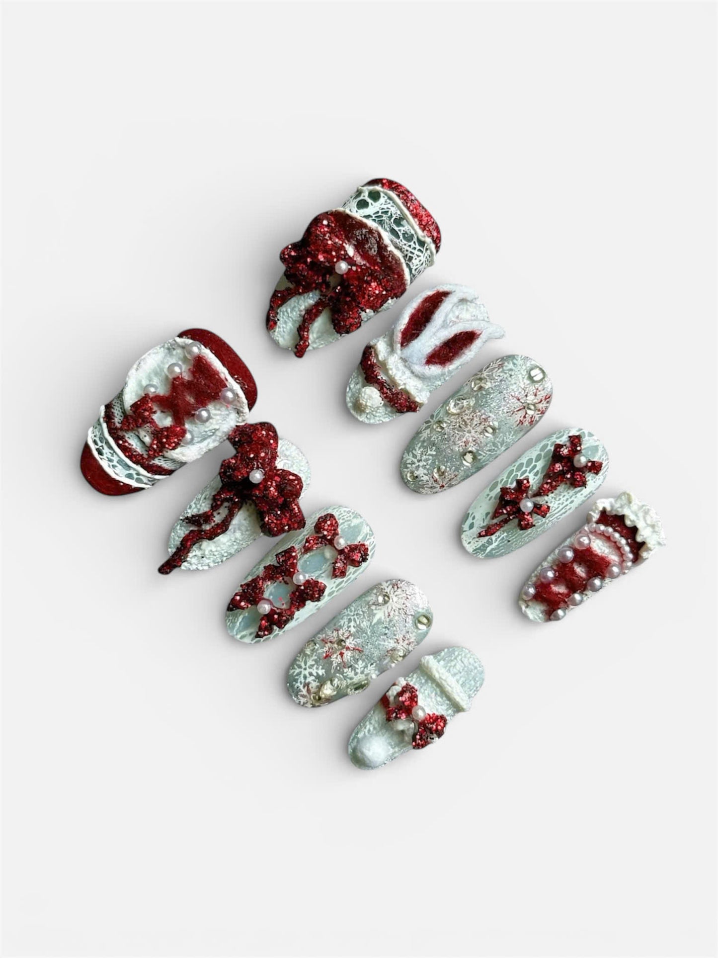 Red Mint Winter Bow Press On Nails Luxury Statement Set
