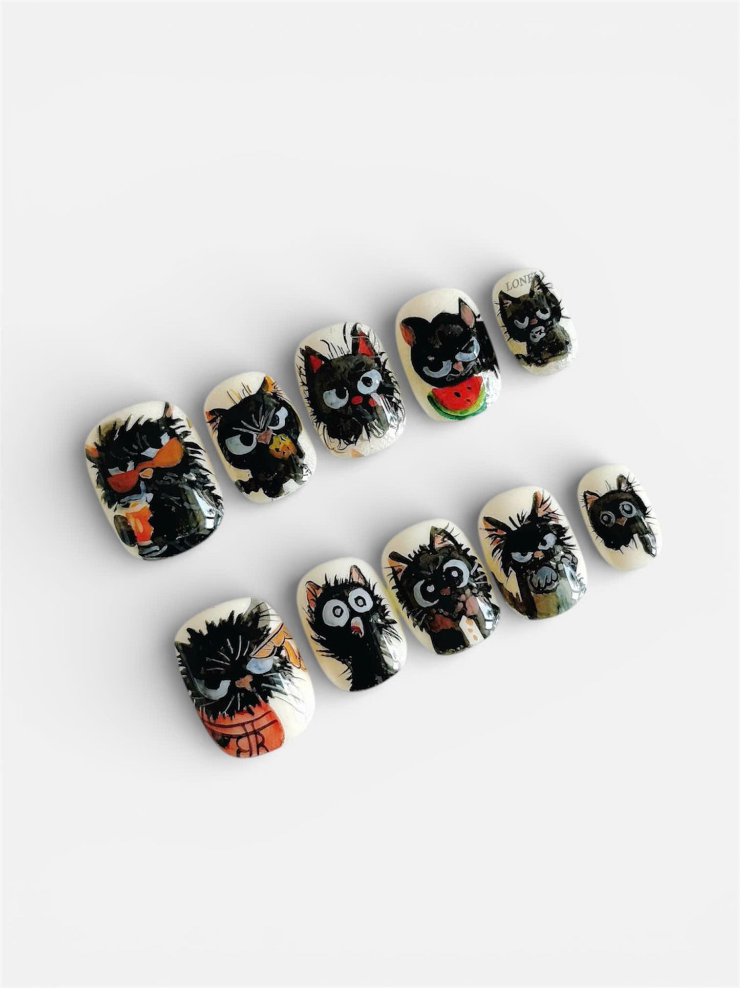 Hand Painted Black Cat Press On Nails Cute Art Set