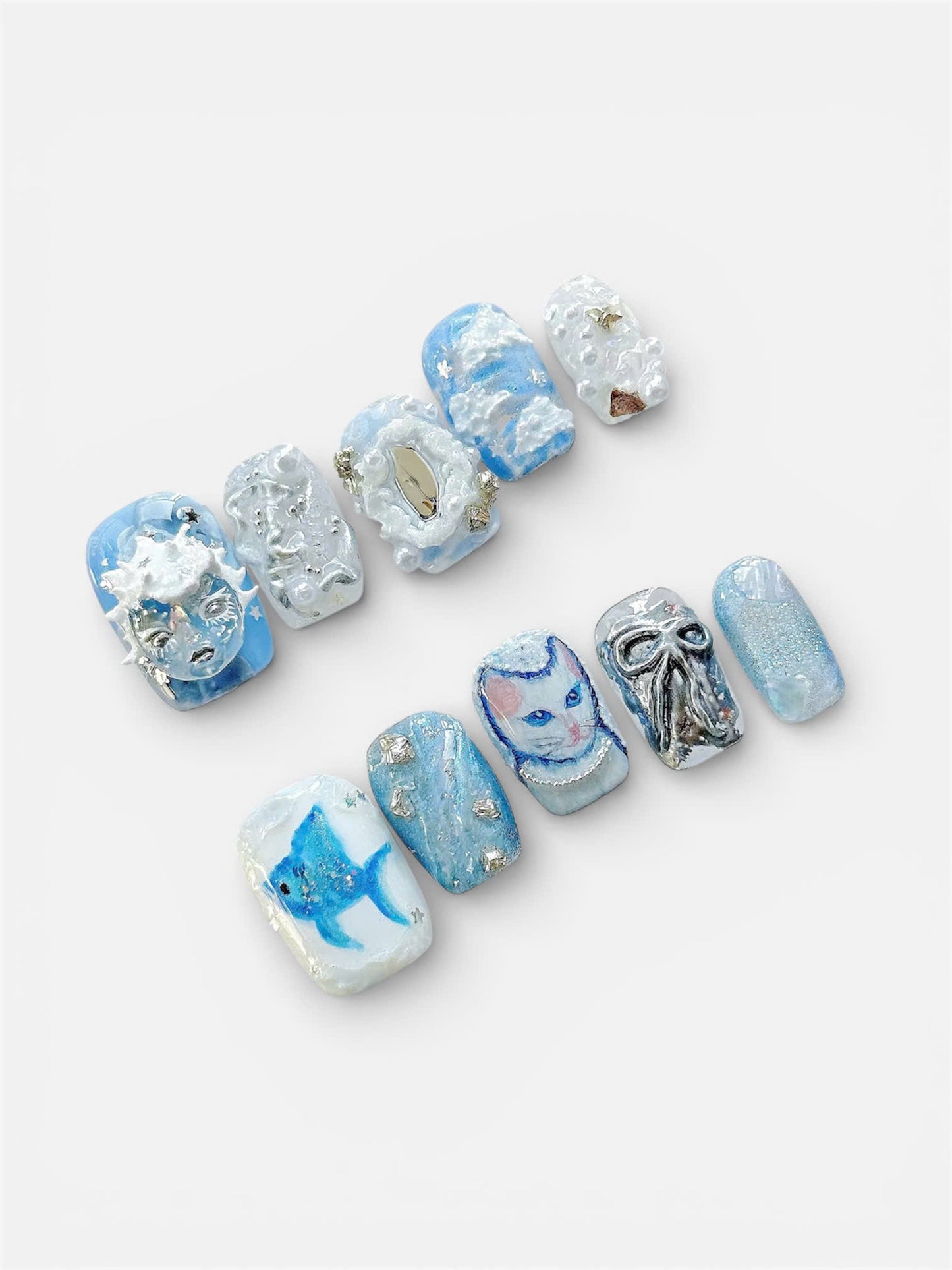 Surreal Blue Art Press On Nails Handcrafted Fantasy Nail Set