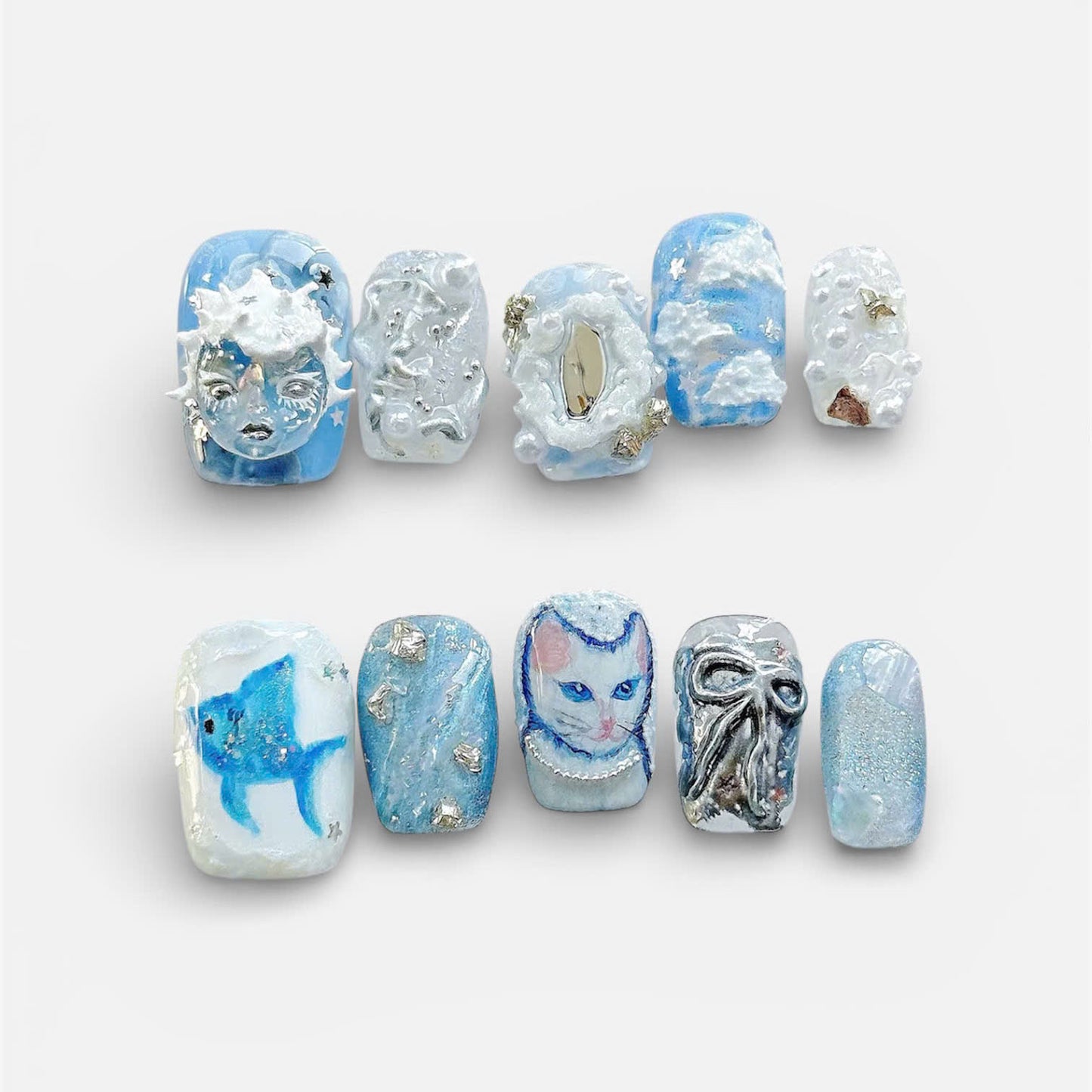 Surreal Blue Art Press On Nails Handcrafted Fantasy Nail Set