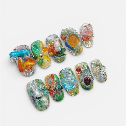 Green Abstract Art Press On Nails Handmade Long Nail Set