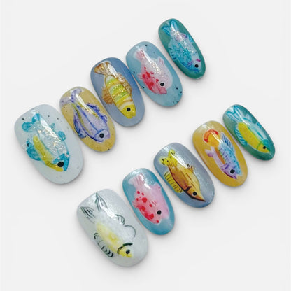 Hand Painted Fish Art Press On Nails Colorful Set