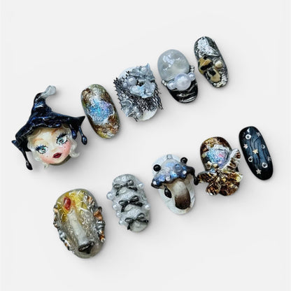 Grey Gothic Fantasy Press On Nails Handmade 3D Art Set