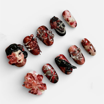 Red Gothic Art Press On Nails Handmade 3D Statement Set